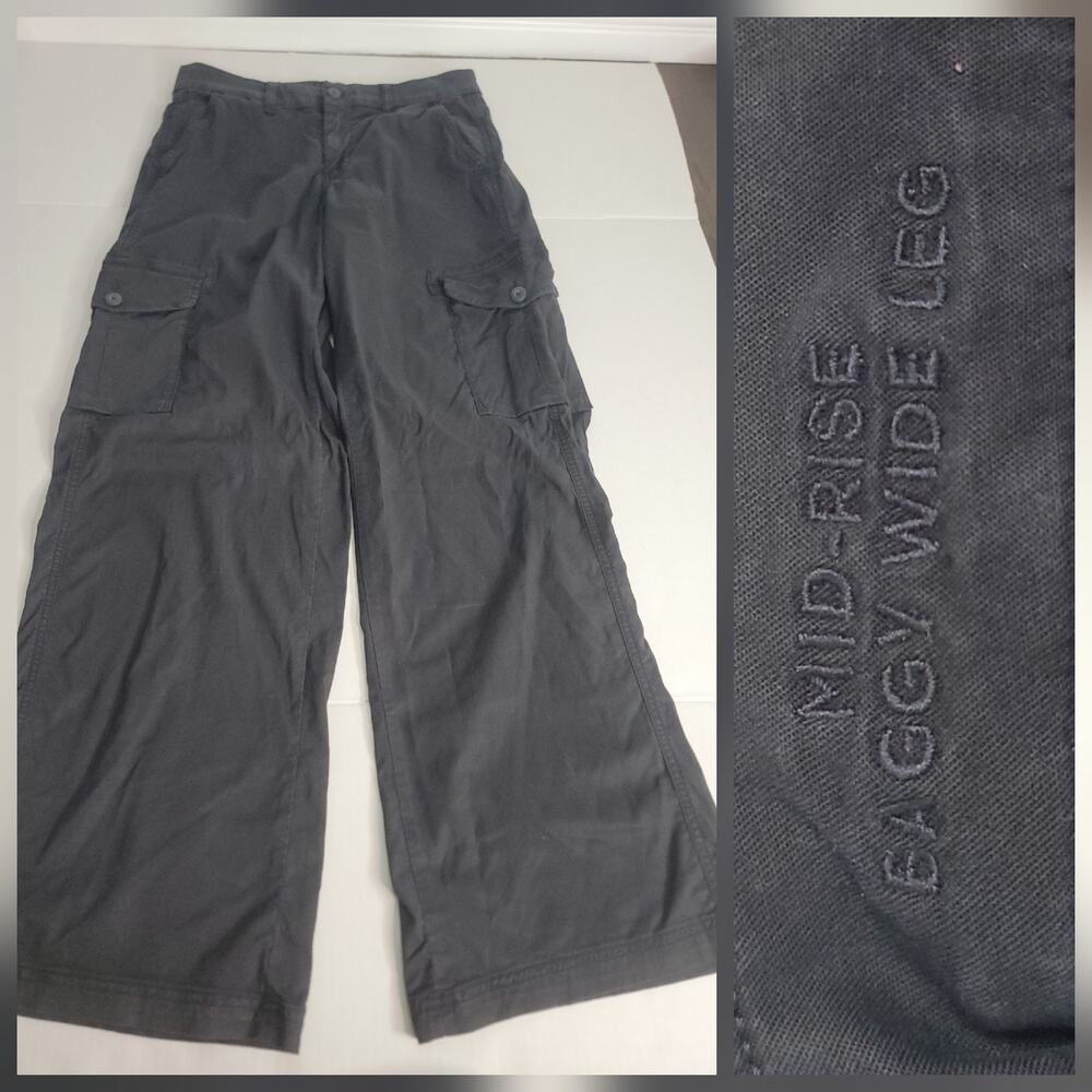 American Eagle Cargo Pants 4 Long Mid Rise Baggy Wide Leg black Gorpcore Drapey
